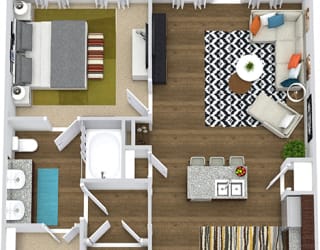 The Encanto 3D. 1 bedroom apartment. Kitchen with island open to living room. 1 full bathroom, double vanity. Walk-in closet. Patio/balcony.