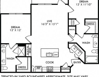 Freedman with Fenced-in Yard. 2 bedroom apartment. Kitchen with island open to living room. 2 full bathrooms, double vanity in master. Walk-in closet. Patio/balcony open to yard.