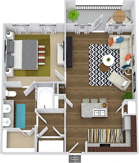 The Encanto 3D. 1 bedroom apartment. Kitchen with island open to living room. 1 full bathroom, double vanity. Walk-in closet. Patio/balcony.