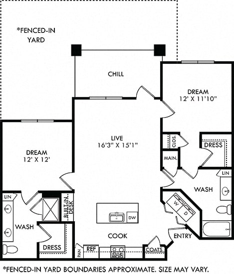 Freedman with Fenced-in Yard. 2 bedroom apartment. Kitchen with island open to living room. 2 full bathrooms, double vanity in master. Walk-in closet. Patio/balcony open to yard.