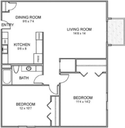 Sandy two bedroom one bathroom floor plan at Moore Place