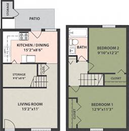  Floor Plan 2-Bedroom, 1-Bath
