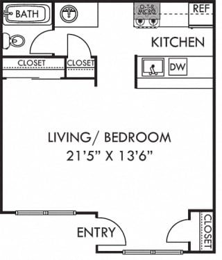 Bryce Studio Apartment. Kitchen with pass-thru bar, 1 bath. Living and Flex Space
