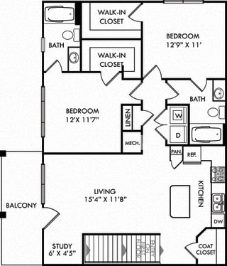 The Lovett. 2 bedroom apartment. 1st floor entry. Kitchen with island open to living/dinning rooms. 2 full bathrooms. Walk-in closets. Study area. Patio/balcony.
