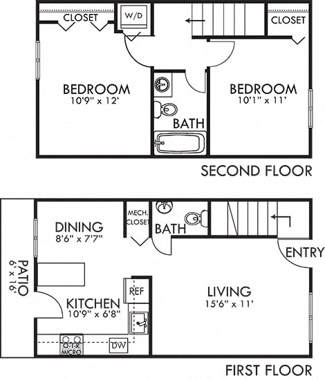 Watercress 2 bedroom townhome. 1st floor kitchen-dining-living-half bath. 2nd floor bedrooms-shared full bath-laundry. large closets