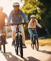 Three people riding bikes on a sunny path.