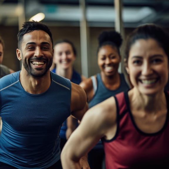 a group of men and women smiling in a gym