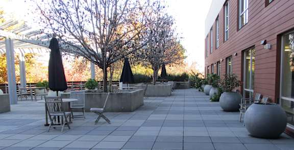 A patio with a table and chairs and umbrellas.