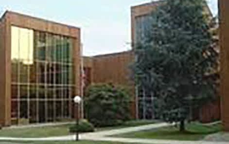 A building with a glass front and a tree in front of it.