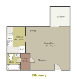 New Brookside Apartments Efficiency Floor Plan
