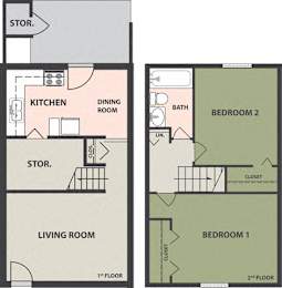  Floor Plan 2-Bedroom, 1-Bath