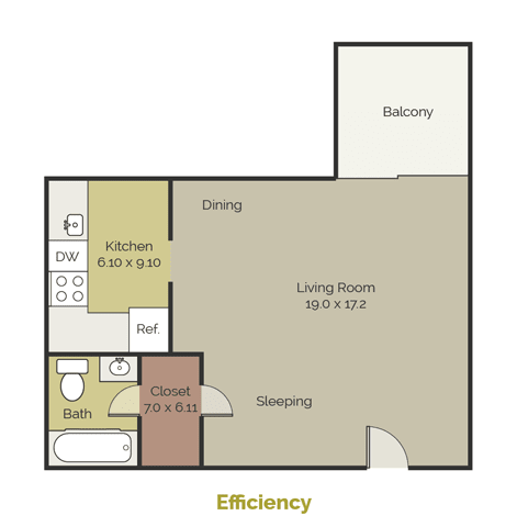 Floor Plan  New Brookside Apartments Efficiency Floor Plan