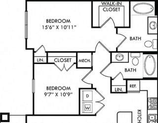 The Travis. 2 bedroom apartment. Kitchen with island open to living/dinning rooms. 2 full bathrooms. Walk-in closet in master. Patio/balcony.
