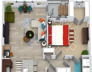 3D Wright 1 bedroom floor plan apartment with L-shaped kitchen with island and pantry cabinet, open to living-flex space, hall closet, one bath with double sinks and 2 walk-in closets. Balcony.