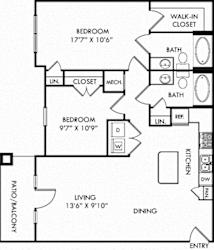 The Mathis. 2 bedroom apartment. Kitchen with island open to living/dinning rooms. 2 full bathrooms. Walk-in closet in master. Patio/balcony.