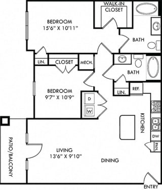 The Travis. 2 bedroom apartment. Kitchen with island open to living/dinning rooms. 2 full bathrooms. Walk-in closet in master. Patio/balcony.