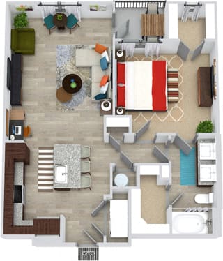 Wright 3D 3D Wright 1 bedroom floor plan apartment with L-shaped kitchen with island and pantry cabinet, open to living-flex space, hall closet, one bath with double sinks and 2 walk-in closets. Balcony.