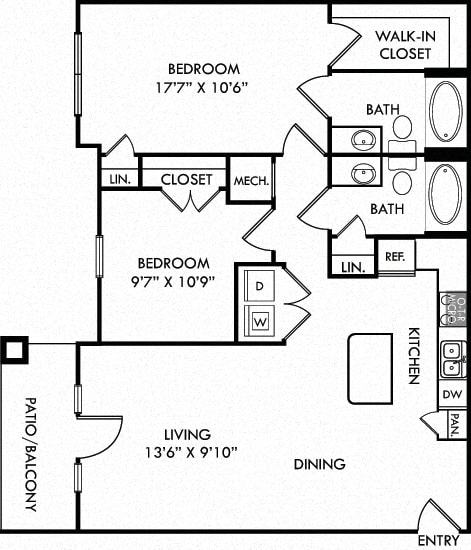 The Mathis. 2 bedroom apartment. Kitchen with island open to living/dinning rooms. 2 full bathrooms. Walk-in closet in master. Patio/balcony.