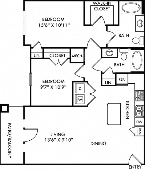 The Travis. 2 bedroom apartment. Kitchen with island open to living/dinning rooms. 2 full bathrooms. Walk-in closet in master. Patio/balcony.