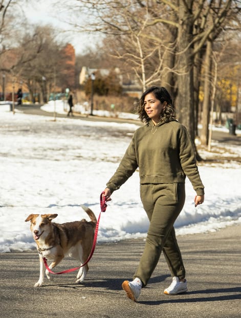 A woman walking a dog on a leash in a park.