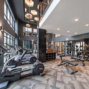 A gym with treadmills, elliptical machines, and other exercise equipment.