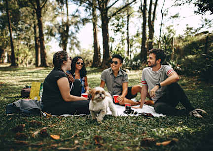 A group of people are sitting on a blanket in a park with a dog.