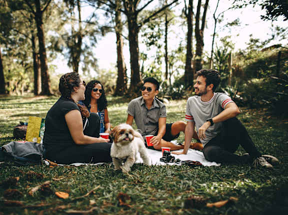 A group of people are sitting on a blanket in a park with a dog at Northgate Townhomes in Tucker, GA, 30084