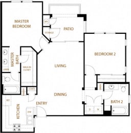 Santa Cruz - 2 Bedroom 2 Bath Floor Plan Layout - 1075 Square Feet