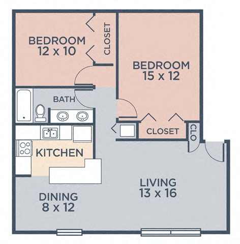 2 bedroom 1 bathroom  Jamison (2.10a) FloorPlan at Barrington Estates Apartments, Indianapolis, IN