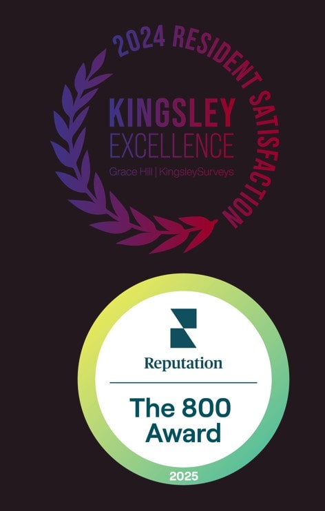 Two award badges, one for Kingsley Excellence and another for The 800 Award.