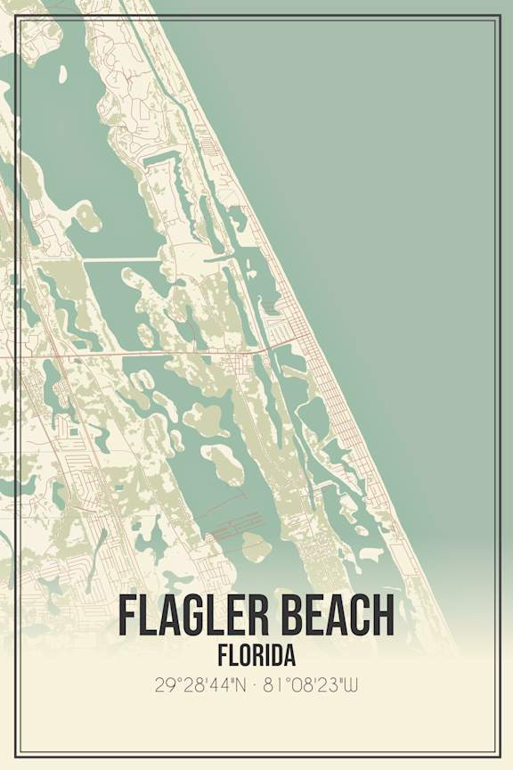 Flagler Beach Florida map with coordinates.