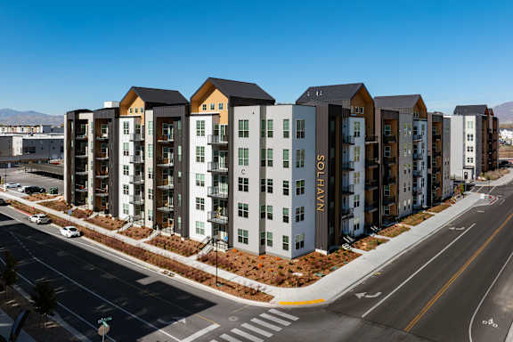 A row of apartment buildings at Solhavn Apartments, American Fork