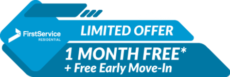 A blue arrow-shaped graphic advertises a limited offer from FirstService Residential, including a $999 deposit, 3 months free storage, and 13th month free with a 13-month le