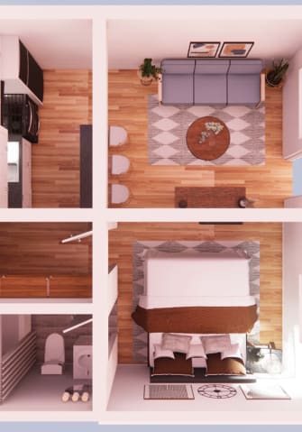 a 3d rendering of a living room and a bedroom