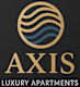 A logo for Axis Luxury Apartments featuring a stylized globe with three curved lines.