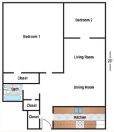  Floor Plan Renovated 2 Bedroom 1 Bath - 02 Tier