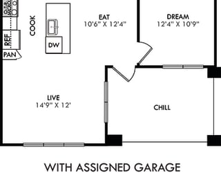 The Tyler with assigned garage. 1 bedroom apartment. Kitchen with island open to living/dinning rooms. 1 full bathroom. Walk-in closet. Patio/balcony.