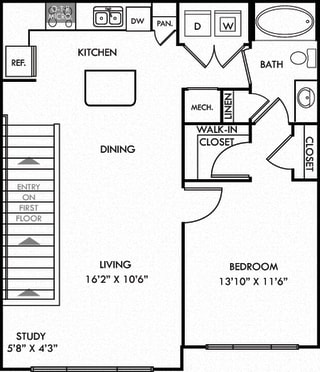 The Vaughan. 1 bedroom apartment. 1st floor entry. Kitchen with island open to living/dinning rooms. 1 full bathroom. Walk-in closet. Study area.
