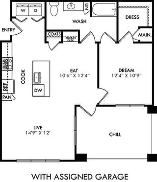 The Tyler with assigned garage. 1 bedroom apartment. Kitchen with island open to living/dinning rooms. 1 full bathroom. Walk-in closet. Patio/balcony.
