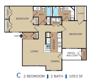 A floor plan of an apartment with two bedrooms, two bathrooms, and a living room.