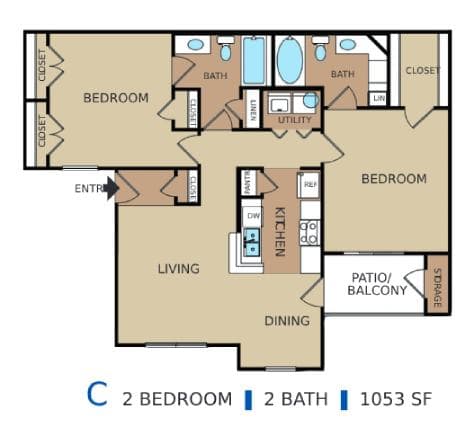 A floor plan of an apartment with two bedrooms, two bathrooms, and a living room.
