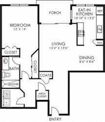 Autumn Hill 1 bedroom apartment. Kitchen with bartop open to living & dinning rooms. 1 full bathroom. Two closets in bedroom. Patio/balcony.