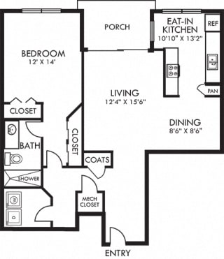 Autumn Hill 1 bedroom apartment. Kitchen with bartop open to living &amp; dinning rooms. 1 full bathroom. Two closets in bedroom. Patio/balcony.