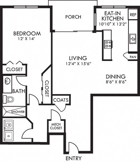 Autumn Hill 1 bedroom apartment. Kitchen with bartop open to living & dinning rooms. 1 full bathroom. Two closets in bedroom. Patio/balcony.