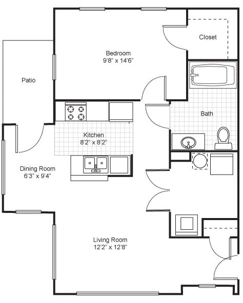 1 Bedroom 1 Bath-2D Floorplan-Legends Park Apartments, Memphis, TN