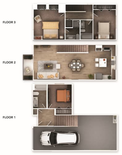 Floor Plan  3 story - 3 bed, 3 bath with garage on first level