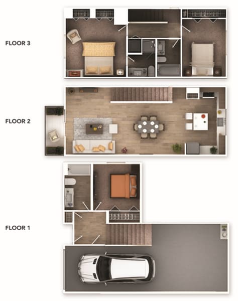 3 story, 3 bed 3 bath with garage