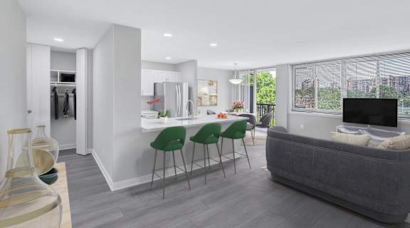 a living room with a kitchen and a couch