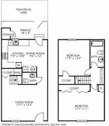 Biltmore with Fenced-in Yard. 2 bedroom townhome. Kitchen ,living, and dinning rooms. 1 full bathroom + powder room. Patio/balcony open to yard.