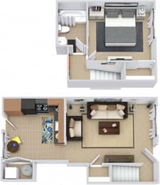 3D Aspend 1 Bedroom Townhome. Eat-in Kitchen and Living on first. Bedroom and full bath on second.